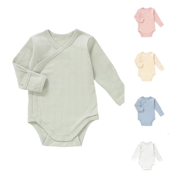 MEZZALL Child Boys Bodysuits Vertical Long Sleeve Baby Romper Tie Closure Solid Color Crew Neck Birthday Onesies