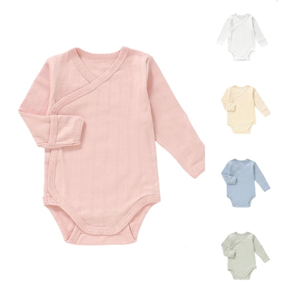 MEZZALL Child Boys Bodysuits Vertical Long Sleeve Baby Romper Tie Closure Solid Color Crew Neck Fashionable Onesies