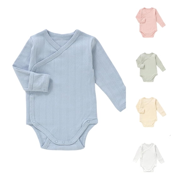 MEZZALL Child Boys Bodysuits Vertical Long Sleeve Baby Romper Tie Closure Solid Color Crew Neck Relaxed Fit Onesies