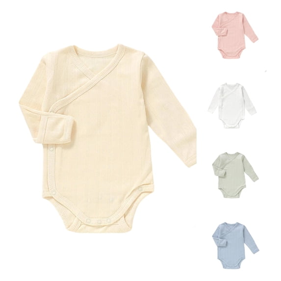 MEZZALL Child Boys Bodysuits Vertical Long Sleeve Baby Romper Tie Closure Solid Color Crew Neck Stylish Onesies