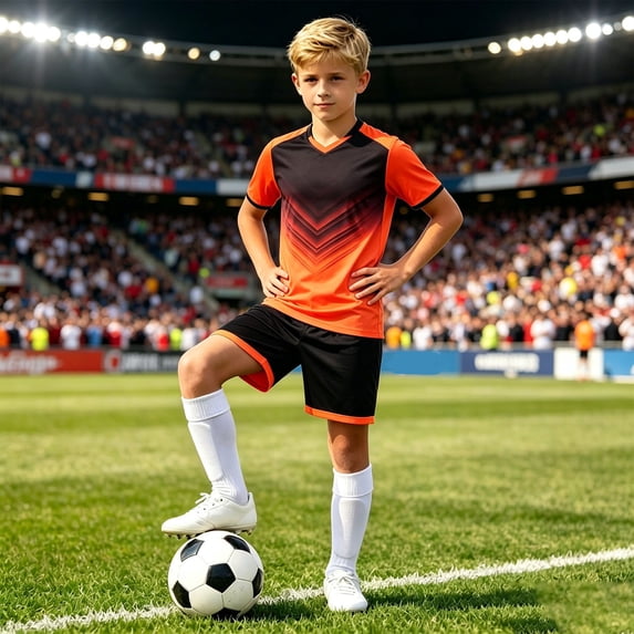MEZZALL Child Boys With Gradient Design V-Neck Short Sleeve Athletic Two Piece Outfit Sets For Practice Training T-Shirts And Shorts Performance Breathable Stylish Clothes Sets