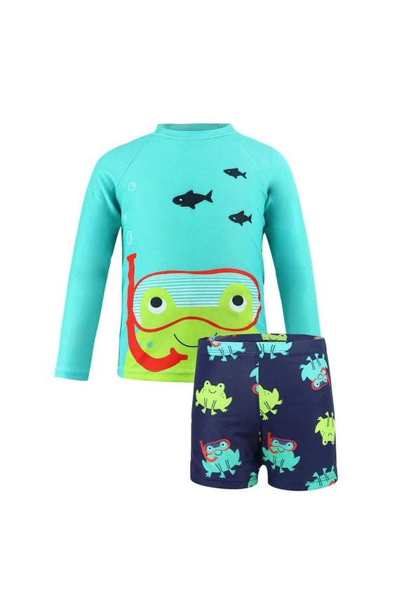 Child Boys Long Sleeve Two Piece Swimsuit Cartoon Print Quick Dry V Protction Swim Sets Toddler To Kids Lovely Summer Resort Beach Swimwear Hawaiian Swimming Surfing