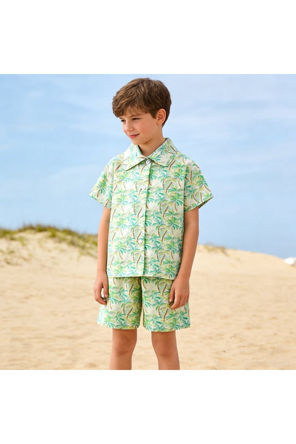 Child Boys Summer Outfit Sets Tropical Beach Theme Short Sleeve Shirt And Shorts Comfy Casual Two Piece Kids Lapel Holiday Daily Clothes Sets