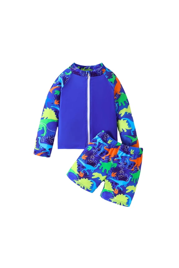 Child Boys Swimwear Set Long Sleeve Zip Up Rash Guard With Dinosaur Football Print Matching Swim Trunks Two Piece Outfit Kids Classic Summer Beach Swimsuits