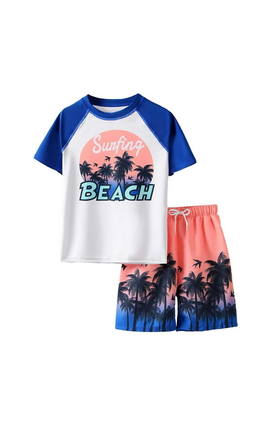 Child Boys Two Piece Swimsuit Sets Coconut Tree Print Short Sleeve Beach Shorts Quick Dry Swimwear Toddler To Kids (7 12 Years) Birthday Summer Beachwear