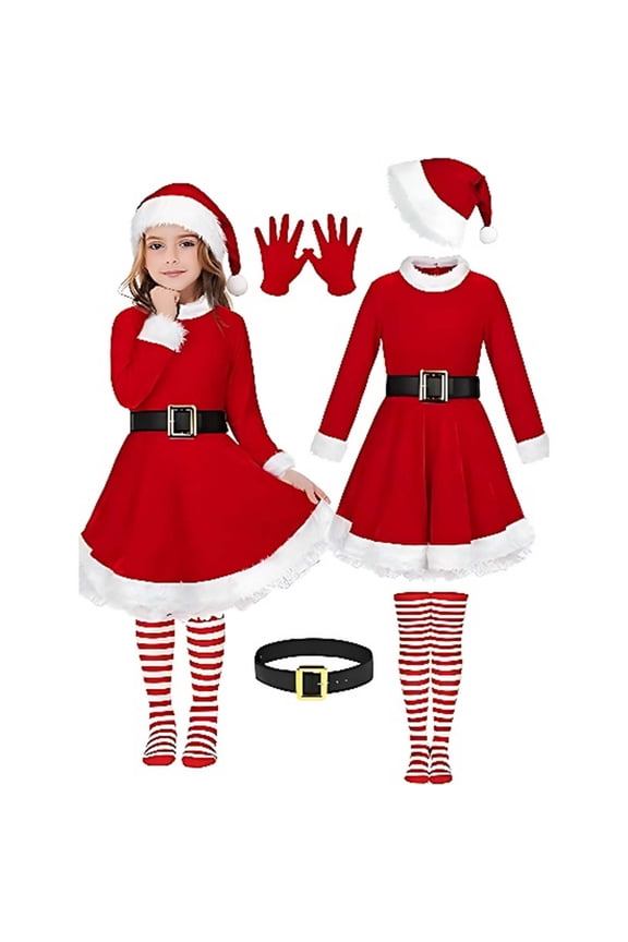 Child Dress For Girls Santa Holiday Party Gown With Bonnet Long Sleeve O-Neck Festival Sundress Fashionable