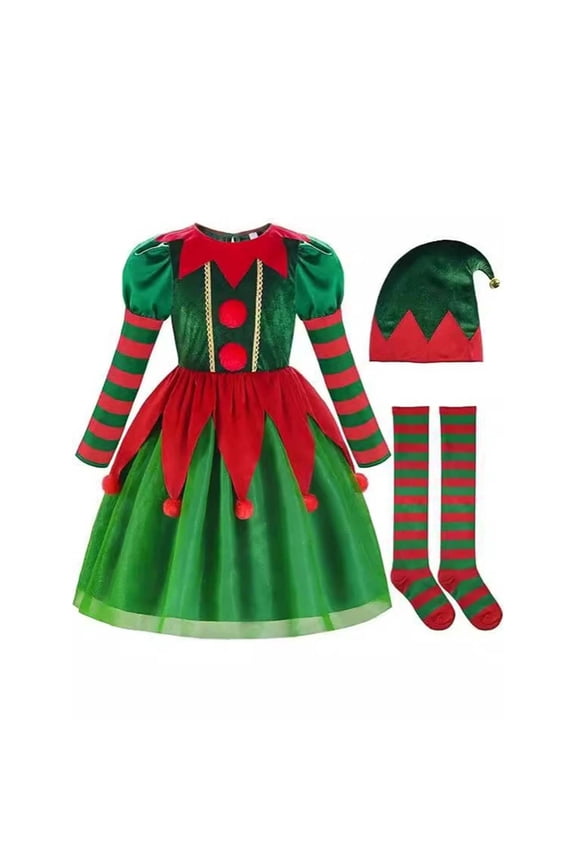 Child For Girls Green Fairy Dress With Tutu Skirt Santa's Little Helper Outfit Long Sleeve O-Neck Festival Sundress Boho