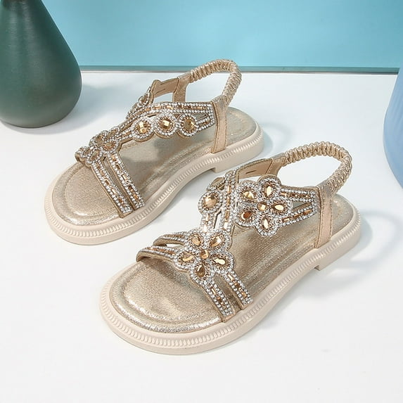 MEZZALL Child Girl Princess Sandals Rhinestone Slingback Sandals Elastic Ankle Strap Casual Bohemian Beach Shoes Daily Adorable Casual Kids Everyday Solid Color Toddler Footwear