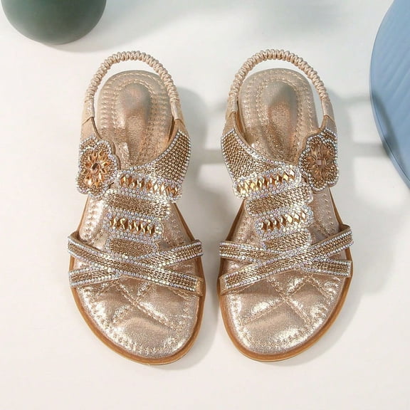 MEZZALL Child Girl Princess Sandals Rhinestone Slingback Sandals Elastic Ankle Strap Casual Bohemian Beach Shoes Daily Fashion Versatile Kids Everyday Solid Color Toddler Footwear