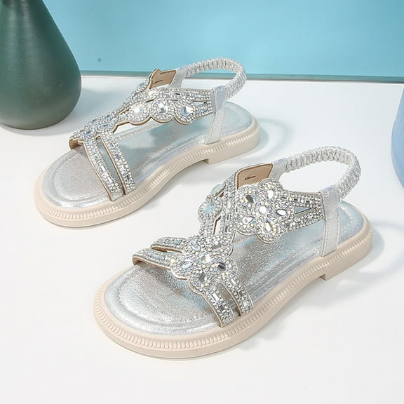MEZZALL Child Girl Princess Sandals Rhinestone Slingback Sandals Elastic Ankle Strap Casual Bohemian Beach Shoes Daily Holiday Casual Kids Everyday Solid Color Toddler Footwear