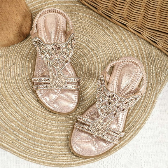 MEZZALL Child Girl Princess Sandals Rhinestone Slingback Sandals Elastic Ankle Strap Casual Bohemian Beach Shoes Daily Trendy Casual Kids Everyday Solid Color Toddler Footwear