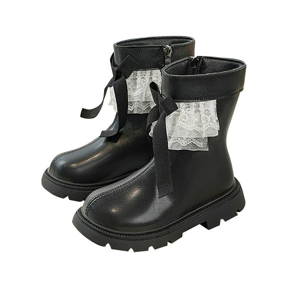 MEZZALL Child Girls Fashion Boots With Lace Bow Side Zipper Warm Plush Punk Ankle Booties Toddler Big Kids Winter Footwear Relaxed Fit Outdoor Solid Color Shoes