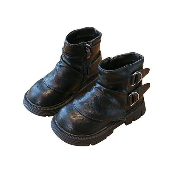 MEZZALL Child Girls Fashion Boots Mid Calf Side Zipper Leather Punk Booties With Toddler Big Kids Winter Footwear Cute Outdoor Solid Color Shoes