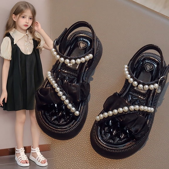 MEZZALL Child Girls Fashion Toe Flat Sandals Open Toe Summer Bead Daily Fashion Classic Kids Princess Shoes Solid Color Beach Sweet Retro Breathable Toddler Footwear