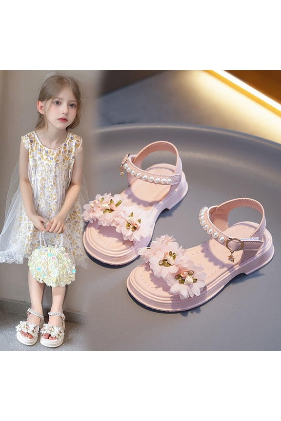 Child Girls Flat Sandals Summer Beach Open Toe Flower Princess Daily Adorable Casual Kids Everyday Shoes Solid Color Beach Sweet Retro Toddler Footwear