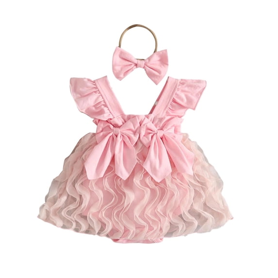 MEZZALL Child Girls Fly Sleeve Ruffles Romper Bodysuits Bowknot Dress Headbands Set Square Collar Adorable Onesies