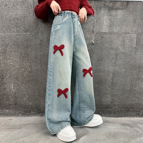 MEZZALL Child Girls Red Bow Embroidery Wide Leg Jeans, Vintage Washed High Waist Denim Trousers, Kids Fashion Casual Streetwear Pants with Pockets