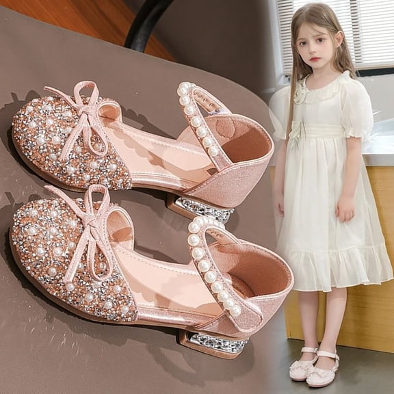 MEZZALL Child Girls Soft Sole Heeled Sandals With Rhinestones For Summer Closed Toe Bowknot Princess Daily Holiday Casual Kids Everyday Shoes Solid Color Toddler Footwear