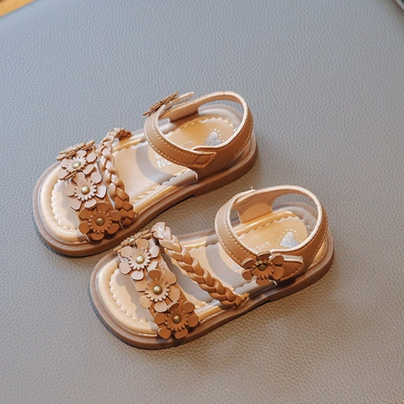 MEZZALL Child Girls Soft Soled Flower Sandals Summer Open Toe Princess Daily Trendy Casual Kids Everyday Shoes Solid Color Beach Sweet Retro Breathable Toddler Footwear