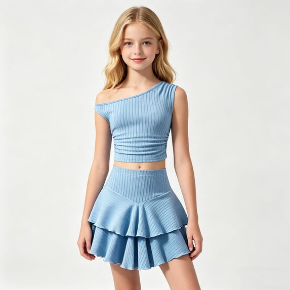 MEZZALL Child Girls Summer Outfit Sets Off Shoulder Knit Tops With Layered Ruffle Skirt Teen Two Piece Coordinated Lovely Daily Clothes Sets