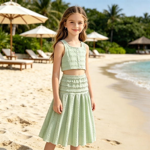 MEZZALL Child Girls Summer Outfit Sets Solid Color Sleeveless Crop Tops High Waist Ruffle Skirt For Toddler Kids Lovely Clothes Sets