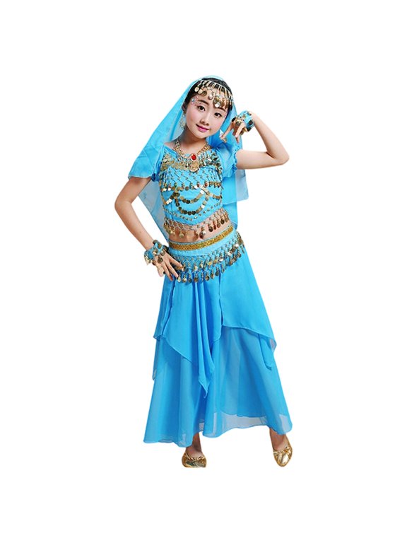 Child Girls Traditional Dance Performance Outfit Sets With Flowing Skirt For Stage Ethnic Belly Dance Ethnic Dance Outfit Sets, Dance Performance Wear Vacation Clothes Sets