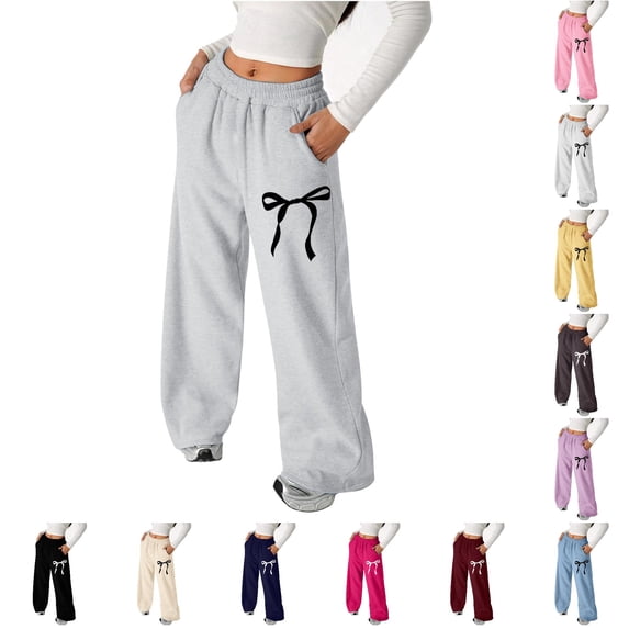 MEZZALL Child Kids Girls Bowknot Print Wide Leg Sweatpants, Elastic High Waist Loose Casual Trousers, Soft Cozy Streetwear Sleep Pants with Pockets