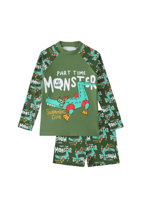 Child Kids Short Sleeve Sunsuit Swimwear Hawaiian Swimming Surfing Cartoon Boys Two Piece Beach Sunscreen Swimsuit Sets Soft Summer Resort Beachwear