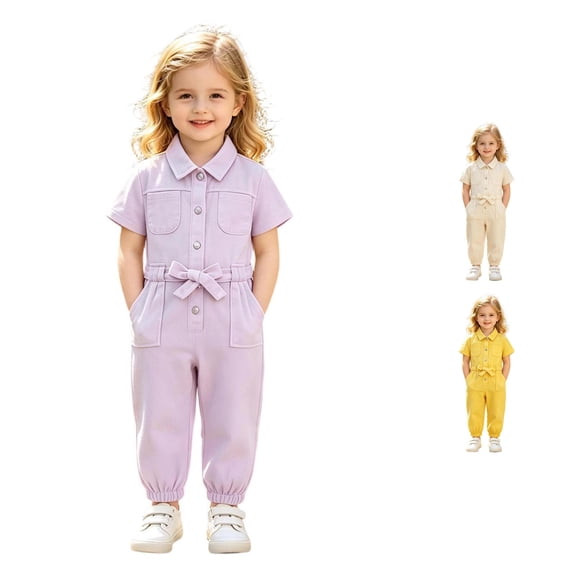 MEZZALL Child Little Girls Lapel Collared Short Sleeve Jumpsuit Button Front Waist Bow Tie With Pocket Cuffed Ankle One One-Pieces Holiday Bodysuit