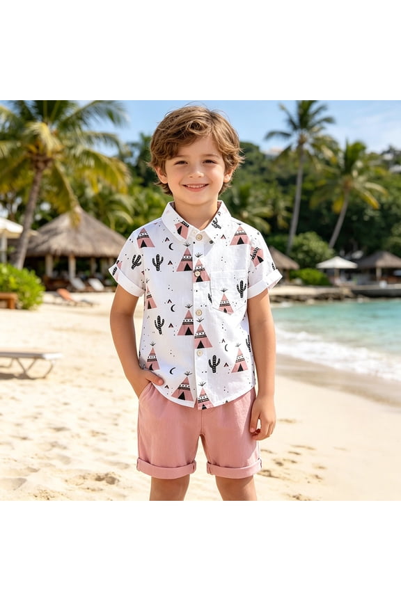 Child Outfit Sets Boys Cartoon Desert Themed Printed Outdoor Holiday Casual Style Short Sleeve Lapel Shirts Tops And Bottom Set Lapel Versatile Clothes Sets