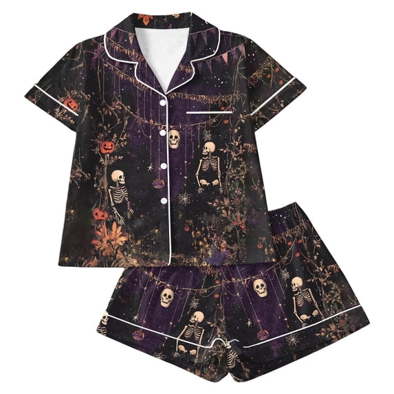 MEZZALL Child Pajama Sets Cute Halloween Themed Girls Sleepwear For Cozy And Sleep Cartoons Short Sleeve Lapel Button Shirts Blouse Tops With Shorts