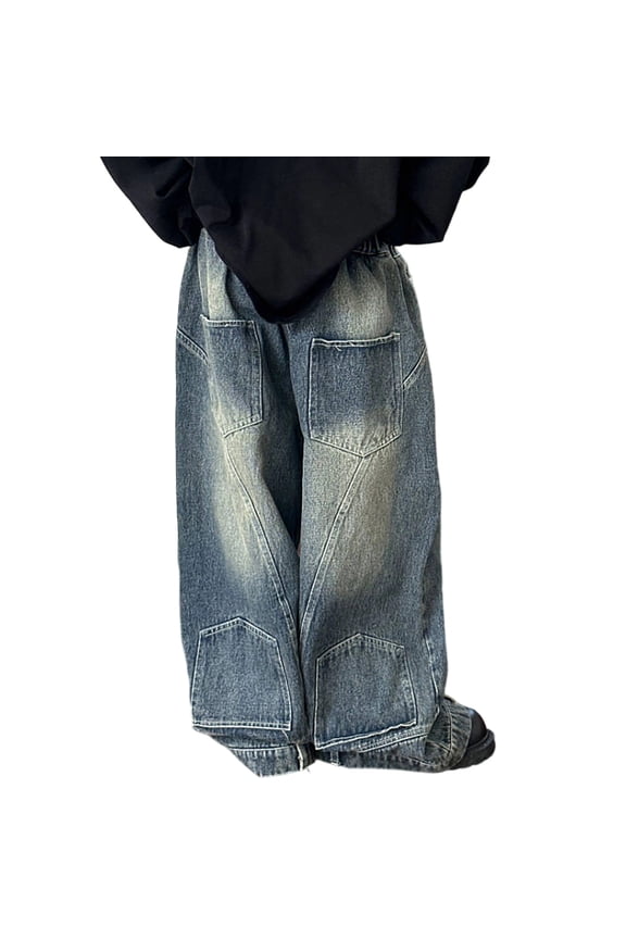 Child Pants Boys Blue Solid Color Denim Jeans Casual Wide Leg Flared Trousers Summer Streetwear Straight Pants Kids Stylish Loose Fit Youth Fashion Cozy Bottoms