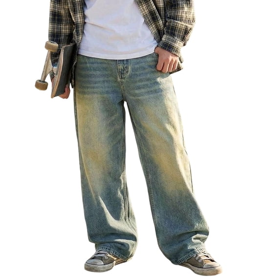 MEZZALL Child Pants Boys Blue Solid Color Denim Jeans Relaxed Loose Fit Streetwear For With Distressed Wash And Wide Leg Styling Comfort Summer Trousers