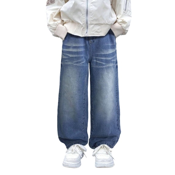MEZZALL Child Pants Boys Blue Solid Color Denim Jeans With Pattern Straight Leg Design For Everyday Comfort Kids Trouser Soft Summer Bottoms