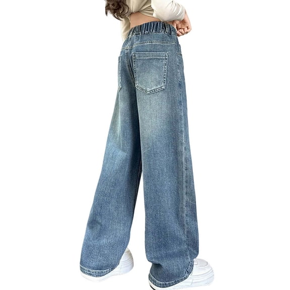 MEZZALL Child Pants Girls Jeans Straight Leg Pants Loose Fit Comfort Casual Trousers Kids Youth Students School Daily Wear Soft Denim Long Bottoms Versatile Slacks