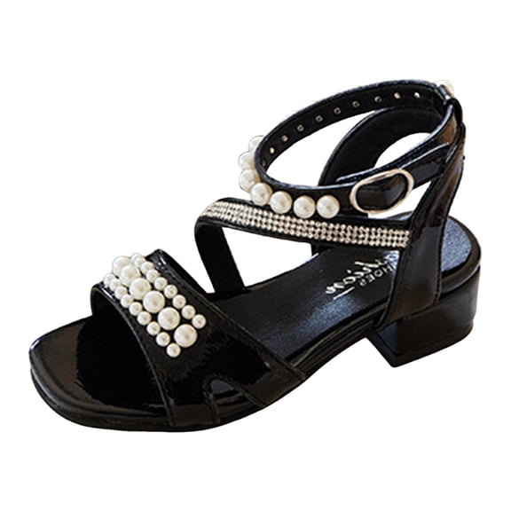 MEZZALL Child Shoes Thick High Heel Sandals Fashionable Pearl And Diamond Princess Sandals Comfort Toddler Footwear, Black, 5-5.5 Years