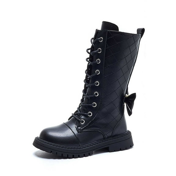 MEZZALL Child Soft Sole High Top Boots Girls With Style Ribbon Detail Long Leather Boots Birthday Outdoor Solid Color Shoes