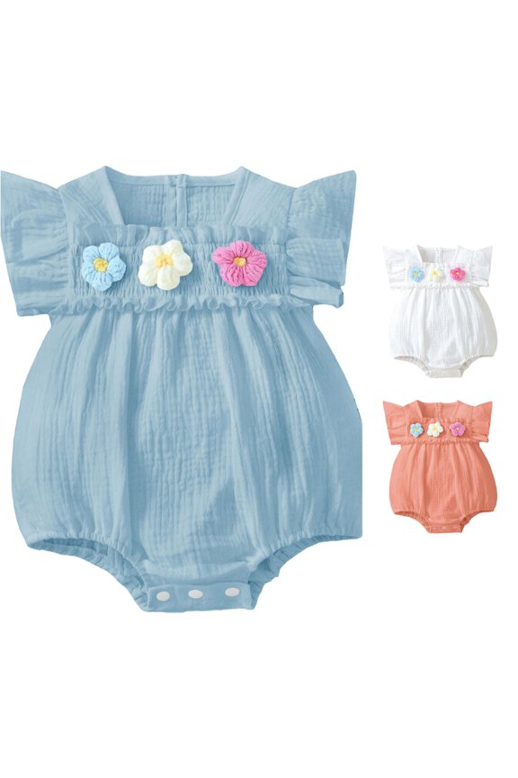 Child Summer Baby Girls Bodysuit Romper With Frilly Sleeves One-Piece Lightweight Jumpsuit For Toddlers Square Collar Boho Onesies