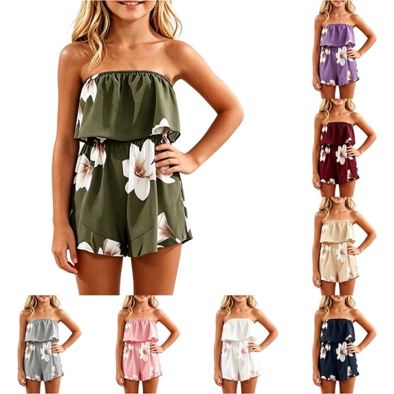 MEZZALL Child Teen Girls Off Shoulder Romper Boho Floral Pattern Flounce Layered Elastic Waist Casual Short Jumpsuit Classic Bodysuit