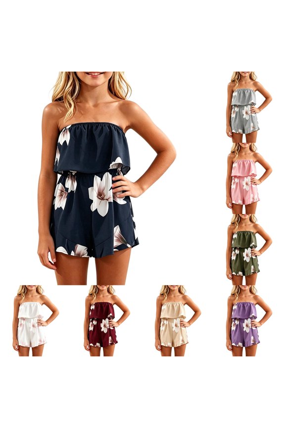 Child Teen Girls Off Shoulder Romper Boho Floral Pattern Flounce Layered Elastic Waist Casual Short Jumpsuit Trendy Bodysuit