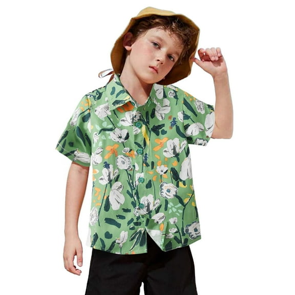MEZZALL Child Toddler Boys Girls Short Sleeve Summer Casual Gentleman Blouse Tops Hawaii Beach Holiday Floral Shirts, Green, 3-4 Years