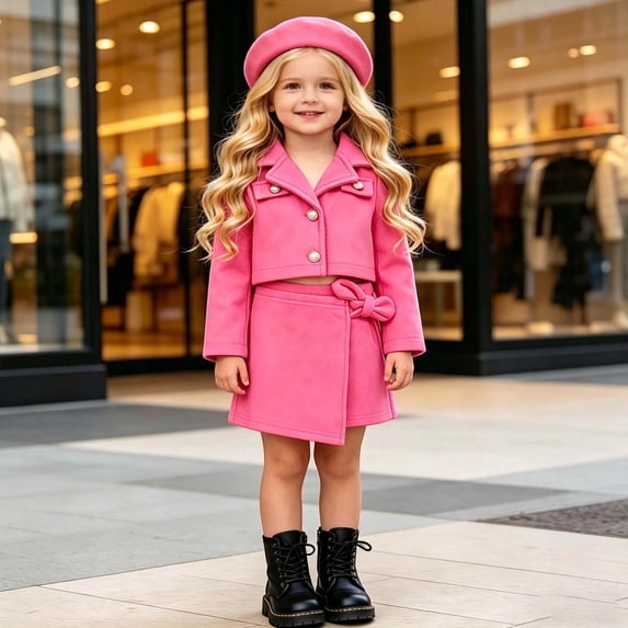 MEZZALL Child Toddler Girls Long Sleeve Solid Color Coat Tops T Shirt Skirts Hat Outfit Sets Lapel Fashionable Clothes Sets