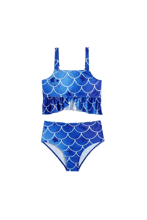 Children 2PCS Swimsuit Vacation Hawaii Beachwear Fashion Gradient Beauty Fish Scale Princess Cute Girls Bikini, Blue, 7-8 Years