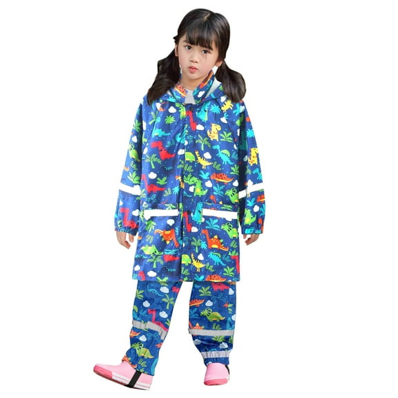 MEZZALL Children Boys Girls Dinosaur Rainbow Printed Button Rain Jacket Hooded Windproof Raincoat Kids Long Sleeve Hoodie Trench Pants Outfits, Dark Blue, 6-7 Years