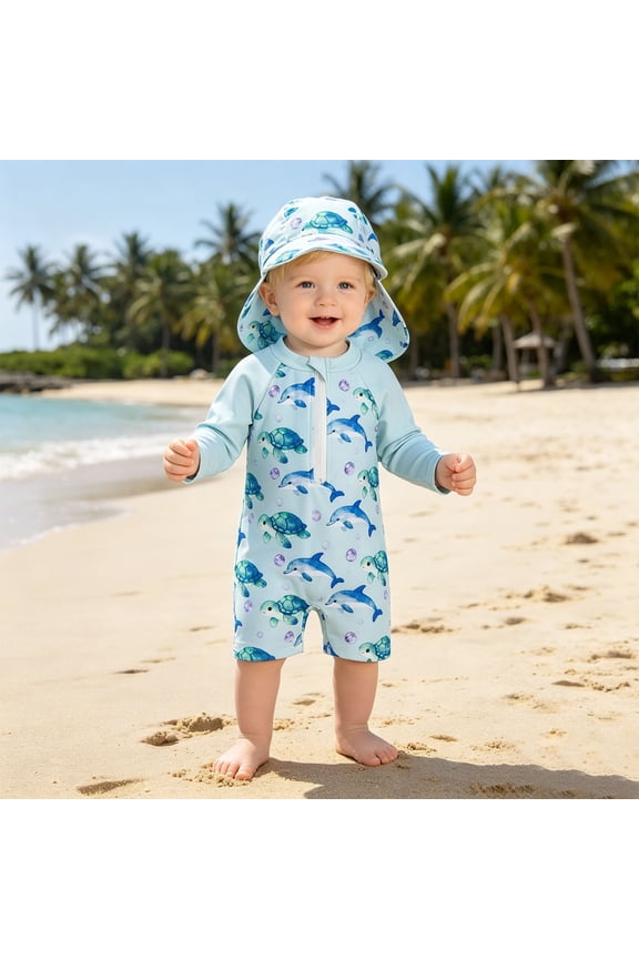 Children Boys Summer Swimwear Lightweight Rash Guard Zip Up One-Pieces Monokini Swimsuit And Swim Cap With Colorful And Turtle Print Sunny Season Soft Bathing Suit Beachwear