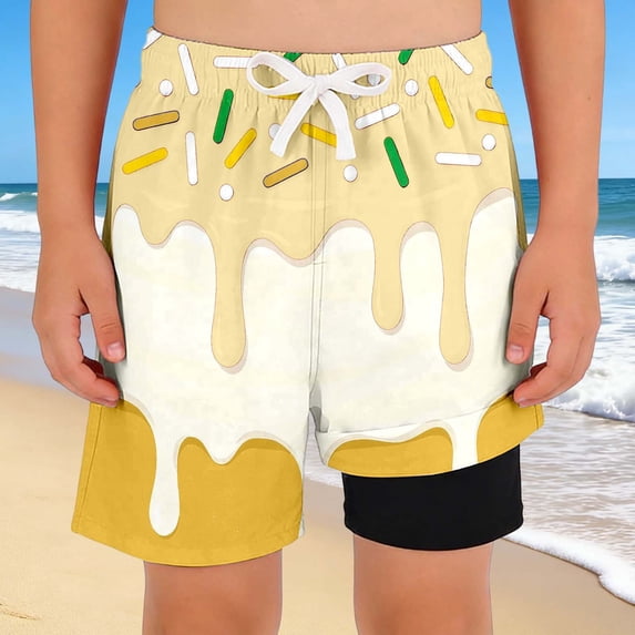 MEZZALL Children Boys Swim Trunks With Compression Liner Swimming Bottoms Ice Cream Printed Casual Bathing For Kids Swim Shorts Stylish Swimwear