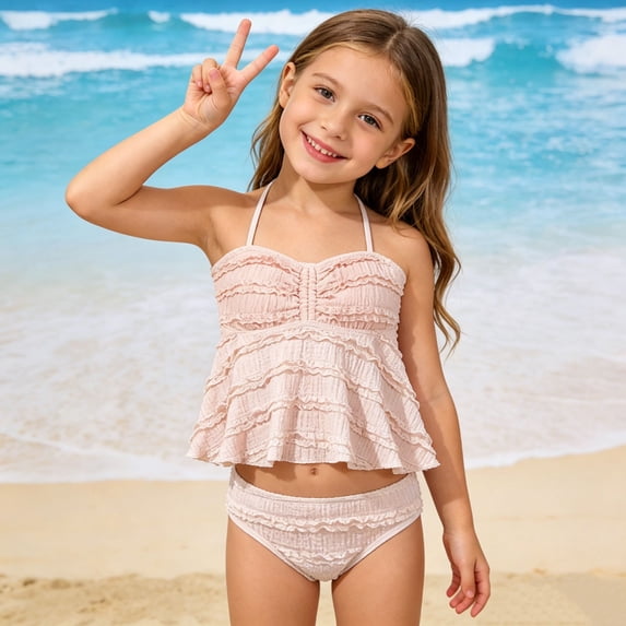 MEZZALL Children Girls High Elasticity Ribbed Textured Tankini Two Piece Swimsuit Kids Swimming Cozy Summer Flower Print Beachwear
