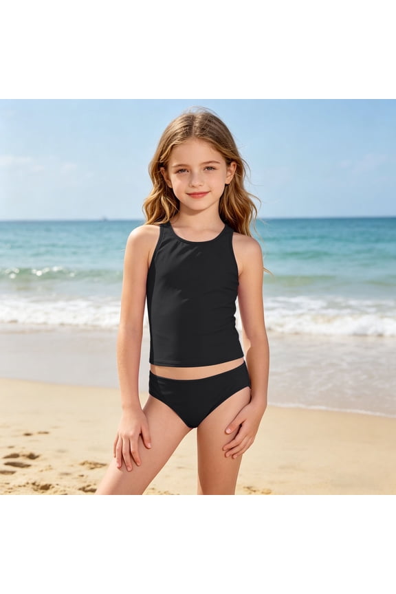 Children Girls One-Pieces Monokini Patchwork Swimsuit For Young Classic Tankini Tops And Bottom Easy Wear Swimwear For Beach And Pool Classic Summer Solid Color Beachwear
