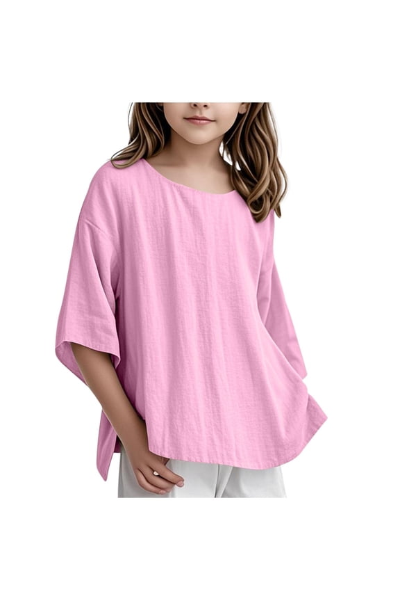 Children Girls' Shirt 3/4 Sleeve Linen Blouse Leisure Tops Elegant Tops Girls T-Shirt Crew Neck Plain Blouse 3 15 Years 11-12 Years Cute Baby Wear