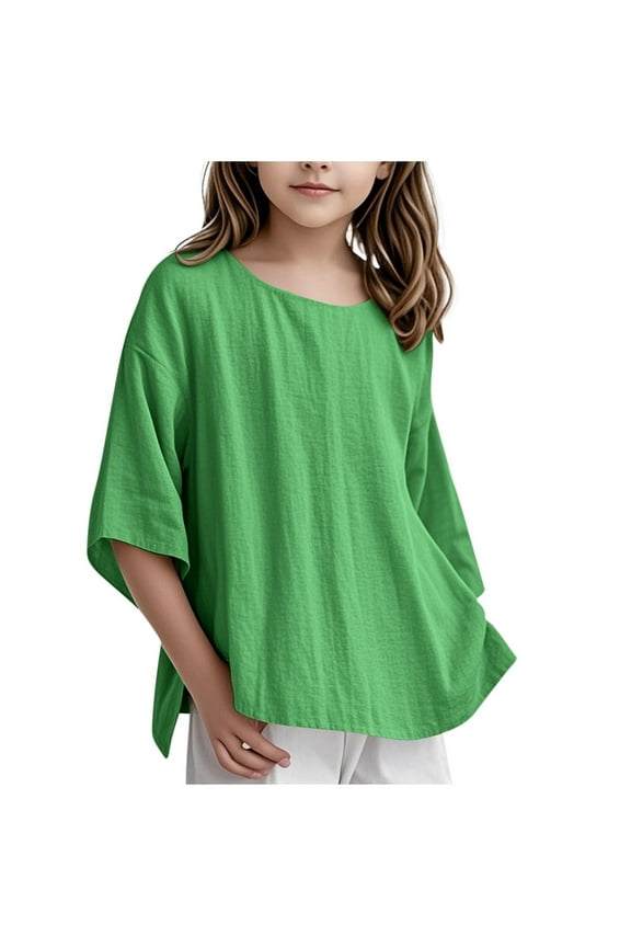 Children Girls' Shirt 3/4 Sleeve Linen Blouse Leisure Tops Elegant Tops Girls T-Shirt Crew Neck Plain Blouse 3 15 Years 3-4 Years Soft Baby Wear